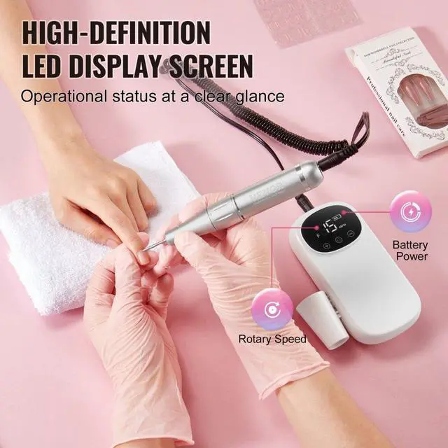 Alt view image 5 of 7 - VEVOR  Electric Rechargeable Nail Drill, 35,000RPM Portable Cordless Nail E File Machine, LCD-Display Acrylic Gel Grinder Tool with 6 Bits and 50PCS Sanding Bands for Manicure Pedicure Carve Polish