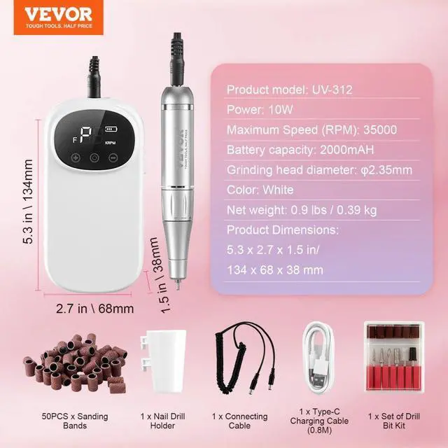 Alt view image 7 of 7 - VEVOR  Electric Rechargeable Nail Drill, 35,000RPM Portable Cordless Nail E File Machine, LCD-Display Acrylic Gel Grinder Tool with 6 Bits and 50PCS Sanding Bands for Manicure Pedicure Carve Polish