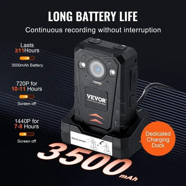 Alt view image 4 of 8 - VEVOR  1440P HD Police Body Camera, 64GB Body Cam with Audio Video Recording Picture, Built-in 3500 mAh Battery, 2.0" LCD, Infrared Night Vision, Waterproof GPS Personal Body Cam for Law Enforcement