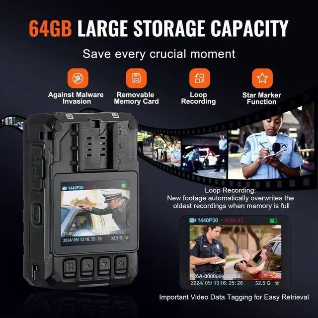 Alt view image 5 of 8 - VEVOR  1440P HD Police Body Camera, 64GB Body Cam with Audio Video Recording Picture, Built-in 3500 mAh Battery, 2.0" LCD, Infrared Night Vision, Waterproof GPS Personal Body Cam for Law Enforcement