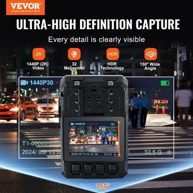 Alt view image 2 of 7 - VEVOR  1440P HD Police Body Camera, 128GB Body Cam with Audio Video Recording Picture, Built-in 3500 mAh Battery, 2.0" LCD, Infrared Night Vision, Waterproof GPS Personal Body Cam for Law Enforcement