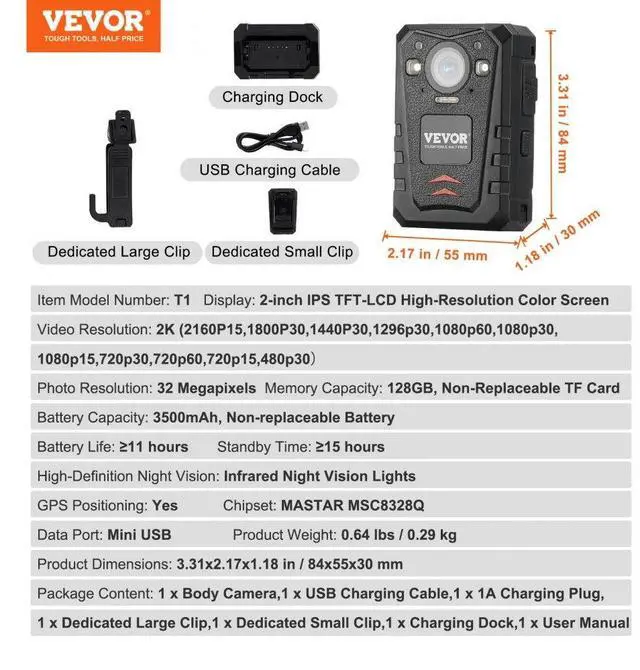 Alt view image 7 of 7 - VEVOR  1440P HD Police Body Camera, 128GB Body Cam with Audio Video Recording Picture, Built-in 3500 mAh Battery, 2.0" LCD, Infrared Night Vision, Waterproof GPS Personal Body Cam for Law Enforcement