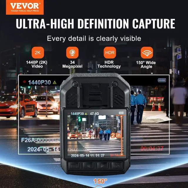 Alt view image 3 of 8 - VEVOR  1440P HD Police Body Camera, 64GB Body Cam with Audio Video Recording Picture, Built-in 2850 mAh Battery, 2.0" LCD, Infrared Night Vision, Waterproof Personal Body Cam for Law Enforcement