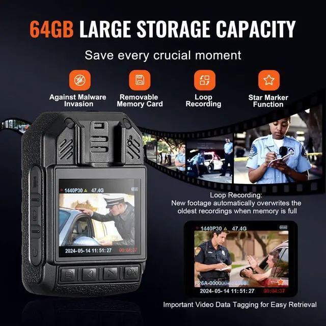 Alt view image 5 of 8 - VEVOR  1440P HD Police Body Camera, 64GB Body Cam with Audio Video Recording Picture, Built-in 2850 mAh Battery, 2.0" LCD, Infrared Night Vision, Waterproof Personal Body Cam for Law Enforcement