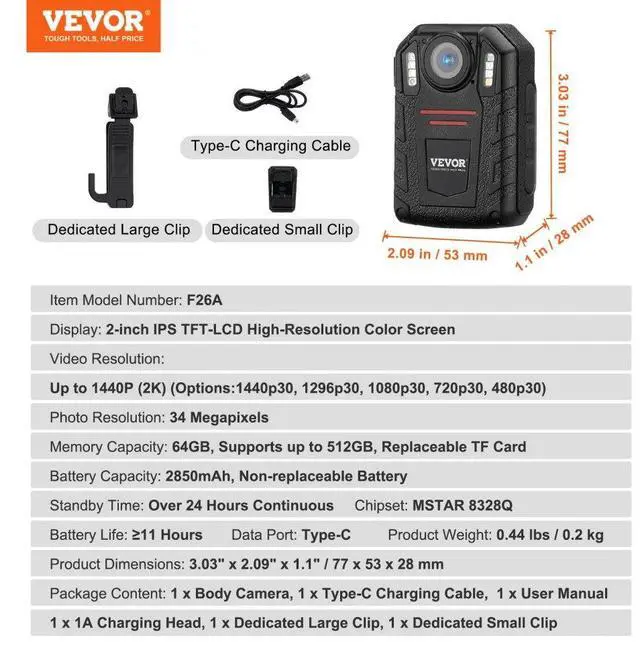 Alt view image 8 of 8 - VEVOR  1440P HD Police Body Camera, 64GB Body Cam with Audio Video Recording Picture, Built-in 2850 mAh Battery, 2.0" LCD, Infrared Night Vision, Waterproof Personal Body Cam for Law Enforcement