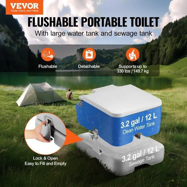 Alt view image 2 of 7 - VEVOR Portable Toilet for Camping, Porta Potty with 3.2 Gal Waste Tank & 3.2 Gal Flush Tank, Push-Button Pressurized Flush Commode, Leak-proof and Odourless Travel Toilet for Adults Kids Camping Car