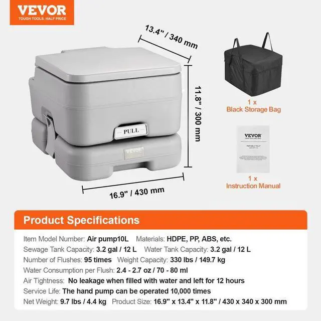 Alt view image 7 of 7 - VEVOR Portable Toilet for Camping, Porta Potty with 3.2 Gal Waste Tank & 3.2 Gal Flush Tank, Push-Button Pressurized Flush Commode, Leak-proof and Odourless Travel Toilet for Adults Kids Camping Car