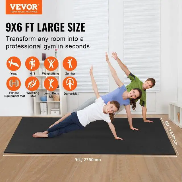 Alt view image 2 of 14 - VEVOR Exercise Mat, Non Slip High Density Premium Yoga Mat, Exercise Yoga Mat for Men & Women, Fitness & Exercise Mat with Bag & Carry Strap, for All Types of Home Yoga, Pilate & Floor Workout (9x6ft)