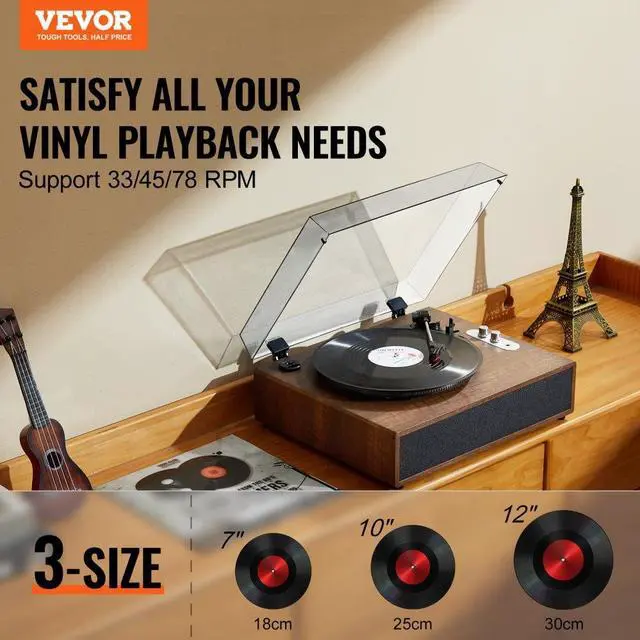 Alt view image 2 of 7 - VEVOR Vinyl Record Player, 3-Speed, Belt Driven Turntable Player with Built-in 10W Stereo Speakers Magnetic Cartridge, Support 33/45/78 RPM Bluetooth Aux in RCA Output, for 7/10 /12 in Vinyl Records