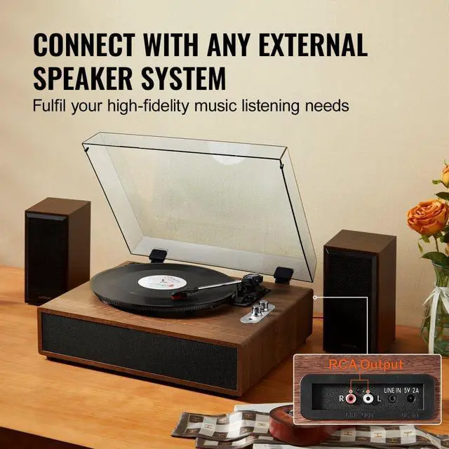 Alt view image 4 of 7 - VEVOR Vinyl Record Player, 3-Speed, Belt Driven Turntable Player with Built-in 10W Stereo Speakers Magnetic Cartridge, Support 33/45/78 RPM Bluetooth Aux in RCA Output, for 7/10 /12 in Vinyl Records
