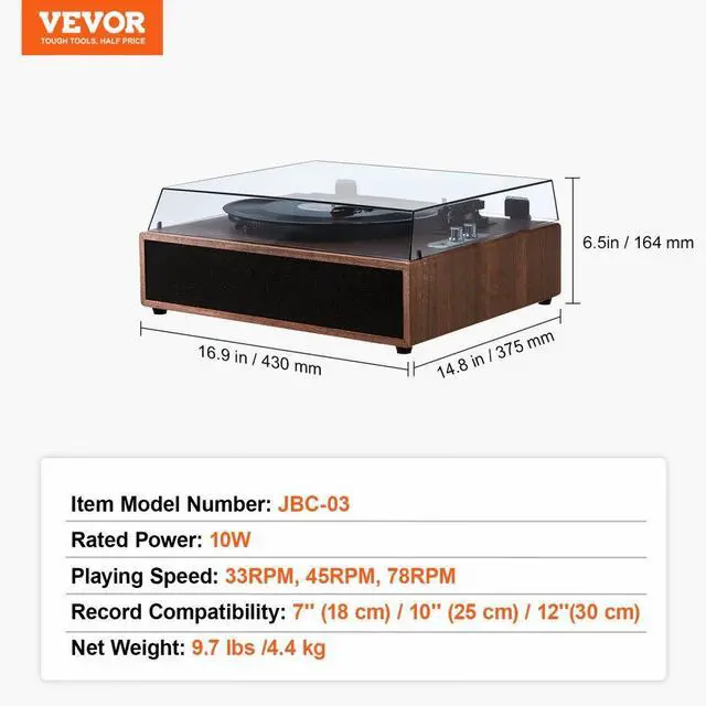 Alt view image 7 of 7 - VEVOR Vinyl Record Player, 3-Speed, Belt Driven Turntable Player with Built-in 10W Stereo Speakers Magnetic Cartridge, Support 33/45/78 RPM Bluetooth Aux in RCA Output, for 7/10 /12 in Vinyl Records