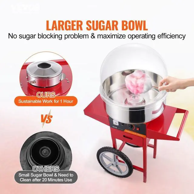 Alt view image 2 of 7 - VEVOR  Electric Cotton Candy Machine with Cart, 1000W Commercial Candy Floss Maker with Cover, Stainless Steel Bowl, Sugar Scoop and Drawer, Perfect for Home, Kids Birthday, Family Party, Red