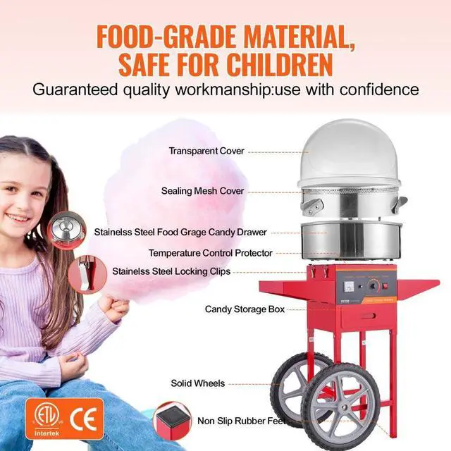 Alt view image 4 of 7 - VEVOR  Electric Cotton Candy Machine with Cart, 1000W Commercial Candy Floss Maker with Cover, Stainless Steel Bowl, Sugar Scoop and Drawer, Perfect for Home, Kids Birthday, Family Party, Red