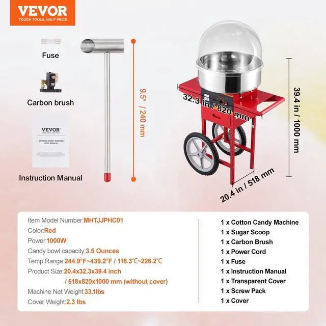 Alt view image 7 of 7 - VEVOR  Electric Cotton Candy Machine with Cart, 1000W Commercial Candy Floss Maker with Cover, Stainless Steel Bowl, Sugar Scoop and Drawer, Perfect for Home, Kids Birthday, Family Party, Red