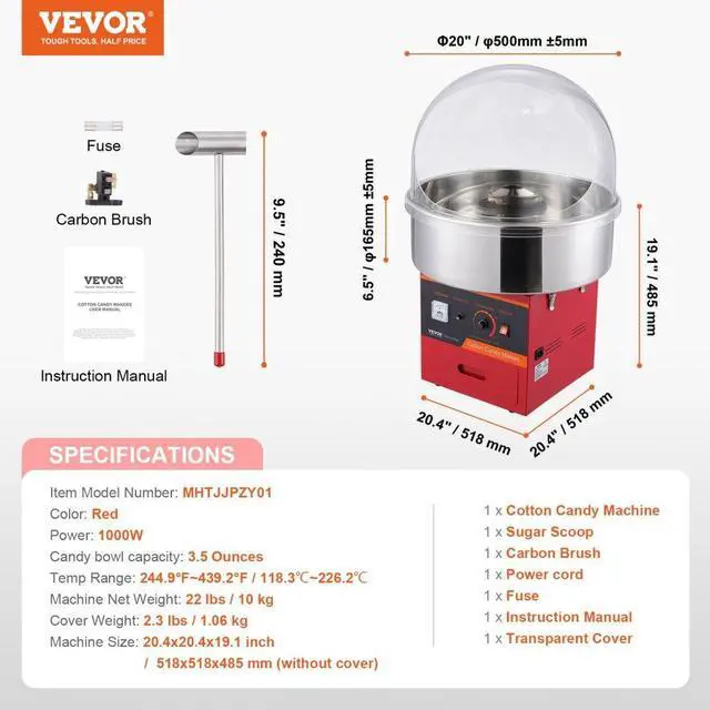 Alt view image 7 of 7 - VEVOR  Electric Cotton Candy Machine, 1000W Candy Floss Maker, Commercial Cotton Candy Machine with Cover, Stainless Steel Bowl, Sugar Scoop, Drawer, Perfect for Home Kids Birthday, Family Party, Red