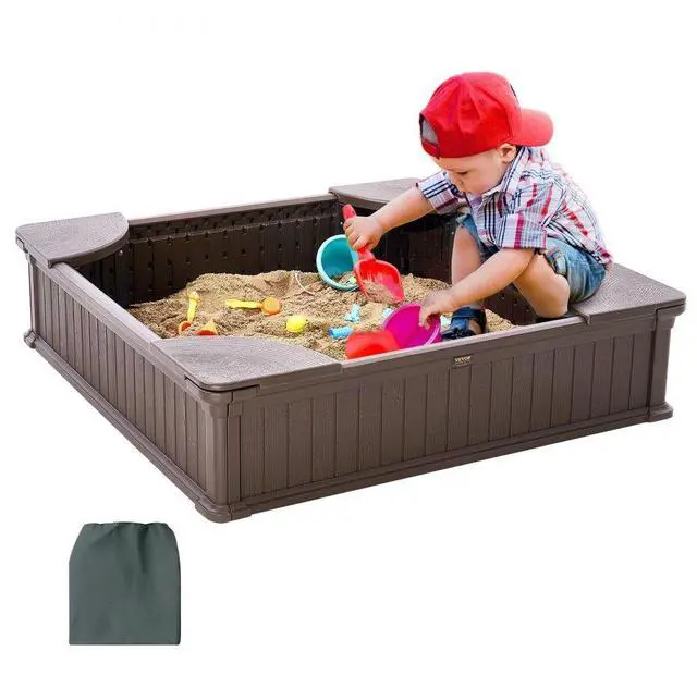 Main image of VEVOR Sandbox with Cover, 48.6x48.6x12.4 in Square Sand Box, HDPE Sand Pit with 4 Corner Seating and Bottom Liner, Kids Sandbox for Outdoor Backyard, Beach, Park, Gift for Boys Girls Ages 3-12, Brown