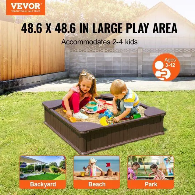 Alt view image 2 of 7 - VEVOR Sandbox with Cover, 48.6x48.6x12.4 in Square Sand Box, HDPE Sand Pit with 4 Corner Seating and Bottom Liner, Kids Sandbox for Outdoor Backyard, Beach, Park, Gift for Boys Girls Ages 3-12, Brown
