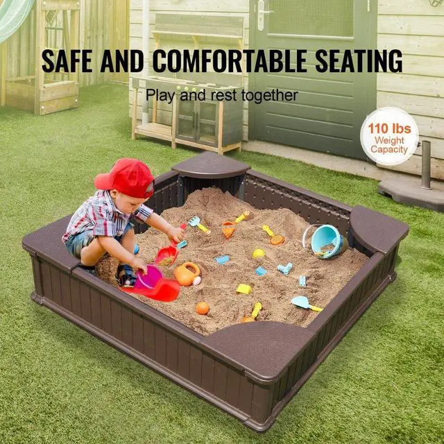 Alt view image 3 of 7 - VEVOR Sandbox with Cover, 48.6x48.6x12.4 in Square Sand Box, HDPE Sand Pit with 4 Corner Seating and Bottom Liner, Kids Sandbox for Outdoor Backyard, Beach, Park, Gift for Boys Girls Ages 3-12, Brown