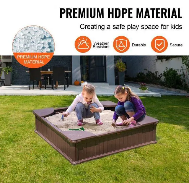 Alt view image 6 of 7 - VEVOR Sandbox with Cover, 48.6x48.6x12.4 in Square Sand Box, HDPE Sand Pit with 4 Corner Seating and Bottom Liner, Kids Sandbox for Outdoor Backyard, Beach, Park, Gift for Boys Girls Ages 3-12, Brown