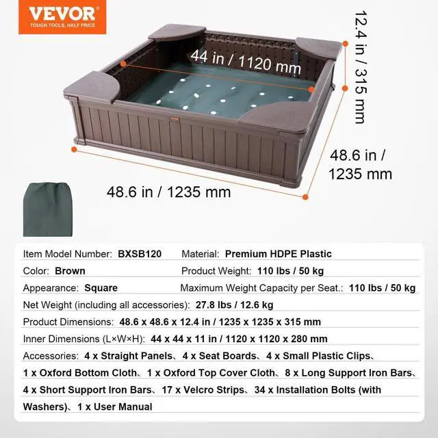Alt view image 7 of 7 - VEVOR Sandbox with Cover, 48.6x48.6x12.4 in Square Sand Box, HDPE Sand Pit with 4 Corner Seating and Bottom Liner, Kids Sandbox for Outdoor Backyard, Beach, Park, Gift for Boys Girls Ages 3-12, Brown