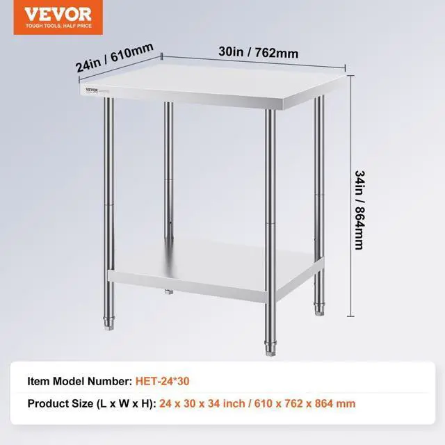 Alt view image 7 of 7 - VEVOR Stainless Steel Prep Table, 24 x 30 x 34 Inch, Heavy Duty Metal Worktable with 3 Adjustable Height Levels, Commercial Workstation for Kitchen Garage Restaurant Backyard