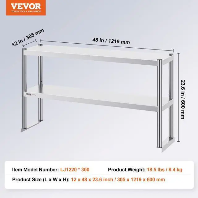 Alt view image 7 of 14 - VEVOR Double Overshelf, Double Tier Stainless Steel Overshelf, 12 x 48 Inch Double Deck Overshelf, Height Adjustable Overshelf Prep Work Table for Kitchen, Restaurant and Workshop