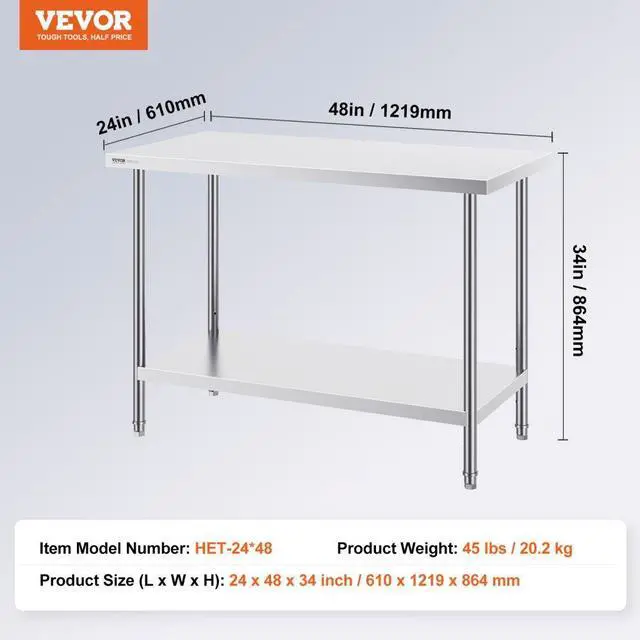 Alt view image 7 of 7 - VEVOR Stainless Steel Prep Table, 24 x 48 x 34 Inch, Heavy Duty Metal Worktable with 3 Adjustable Height Levels, Commercial Workstation for Kitchen Garage Restaurant Backyard