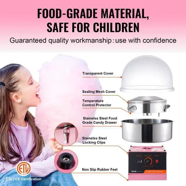 Alt view image 4 of 7 - VEVOR  Electric Cotton Candy Machine, 1000W Candy Floss Maker, Commercial Cotton Candy Machine with Cover, Stainless Steel Bowl, and Sugar Scoop, Perfect for Home Kids Birthday, Family Party (Pink)