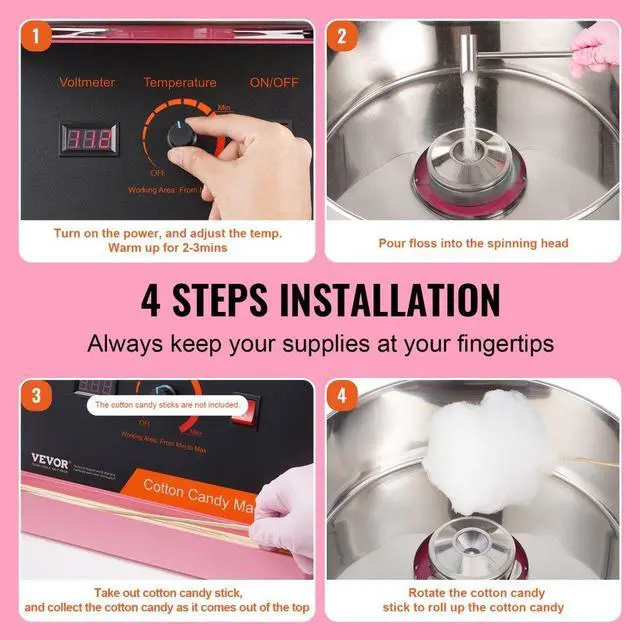 Alt view image 5 of 7 - VEVOR  Electric Cotton Candy Machine, 1000W Candy Floss Maker, Commercial Cotton Candy Machine with Cover, Stainless Steel Bowl, and Sugar Scoop, Perfect for Home Kids Birthday, Family Party (Pink)