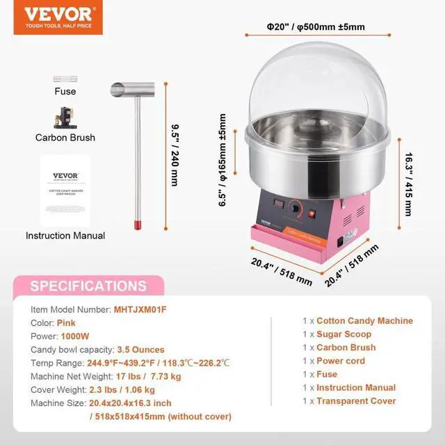 Alt view image 7 of 7 - VEVOR  Electric Cotton Candy Machine, 1000W Candy Floss Maker, Commercial Cotton Candy Machine with Cover, Stainless Steel Bowl, and Sugar Scoop, Perfect for Home Kids Birthday, Family Party (Pink)