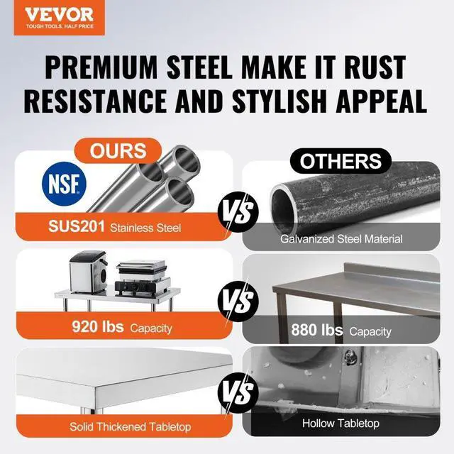 Alt view image 2 of 7 - VEVOR Stainless Steel Prep Table, 30 x 72 x 34 Inch, Heavy Duty Metal Worktable with 3 Adjustable Height Levels, Commercial Workstation for Kitchen Garage Restaurant Backyard