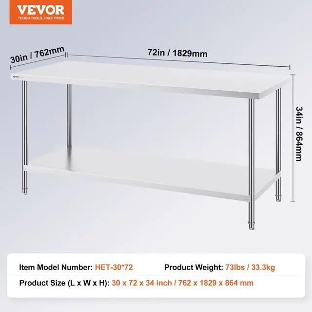 Alt view image 7 of 7 - VEVOR Stainless Steel Prep Table, 30 x 72 x 34 Inch, Heavy Duty Metal Worktable with 3 Adjustable Height Levels, Commercial Workstation for Kitchen Garage Restaurant Backyard