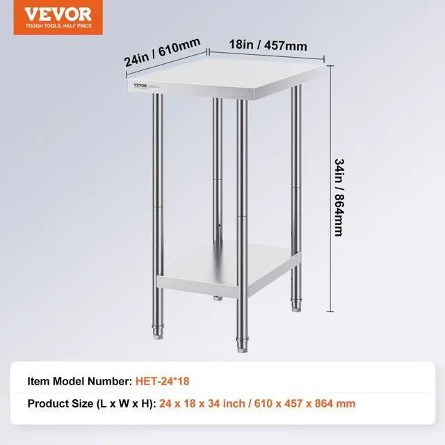 Alt view image 7 of 7 - VEVOR Stainless Steel Prep Table, 24 x 18 x 34 Inch, Heavy Duty Metal Worktable with 3 Adjustable Height Levels, Commercial Workstation for Kitchen Garage Restaurant Backyard