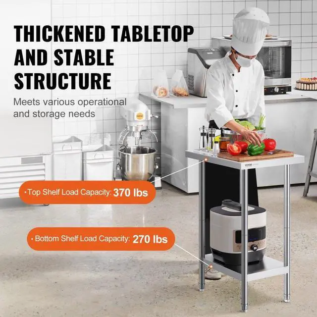 Alt view image 3 of 7 - VEVOR Stainless Steel Prep Table, 24 x 18 x 34 Inch, Heavy Duty Metal Worktable with 3 Adjustable Height Levels, Commercial Workstation for Kitchen Garage Restaurant Backyard