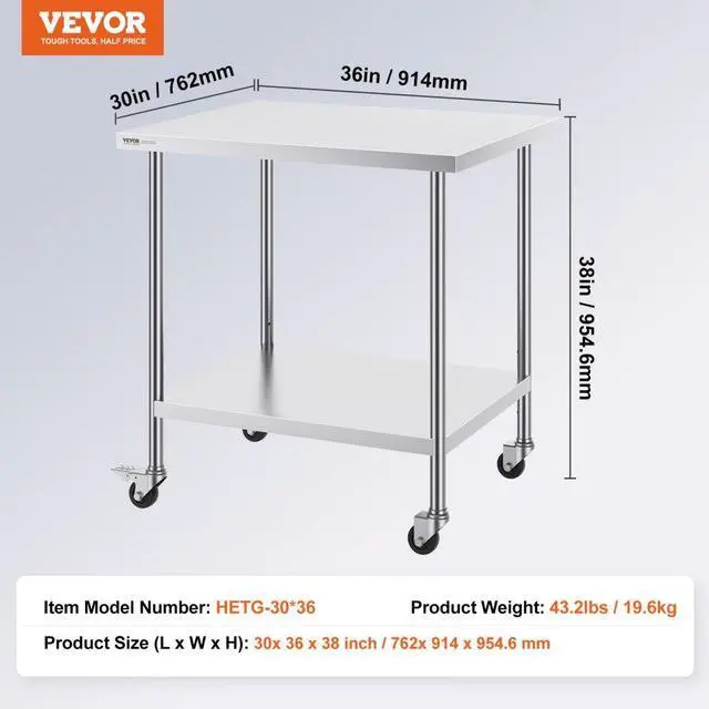 Alt view image 7 of 7 - VEVOR Stainless Steel Work Table 30 x 36 x 38 Inch, with 4 Wheels, 3 Adjustable Height Levels, Heavy Duty Food Prep Worktable for Commercial Kitchen Restaurant, Silver