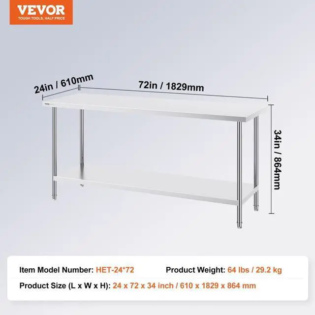 Alt view image 7 of 7 - VEVOR Stainless Steel Prep Table, 24 x 72 x 34 Inch, Heavy Duty Metal Worktable with 3 Adjustable Height Levels, Commercial Workstation for Kitchen Garage Restaurant Backyard