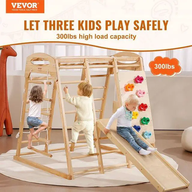 Alt view image 2 of 7 - VEVOR  Indoor Jungle Gym, 7-in-1 Toddler Indoor Playground, Wooden Toddler Climbing Toys Indoor with Wood & Rope Ladder, Net Ladder, Swing, Monkey Bar, Slide, Climbing Wall, 47.2 x 58 x 56in