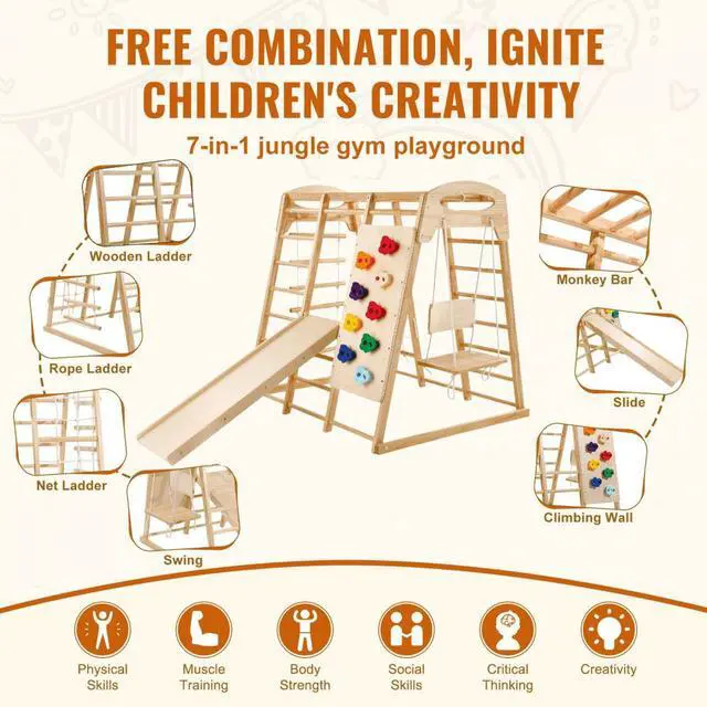 Alt view image 3 of 7 - VEVOR  Indoor Jungle Gym, 7-in-1 Toddler Indoor Playground, Wooden Toddler Climbing Toys Indoor with Wood & Rope Ladder, Net Ladder, Swing, Monkey Bar, Slide, Climbing Wall, 47.2 x 58 x 56in