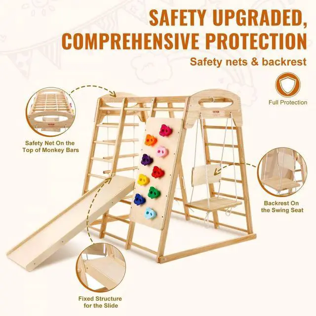Alt view image 5 of 7 - VEVOR  Indoor Jungle Gym, 7-in-1 Toddler Indoor Playground, Wooden Toddler Climbing Toys Indoor with Wood & Rope Ladder, Net Ladder, Swing, Monkey Bar, Slide, Climbing Wall, 47.2 x 58 x 56in