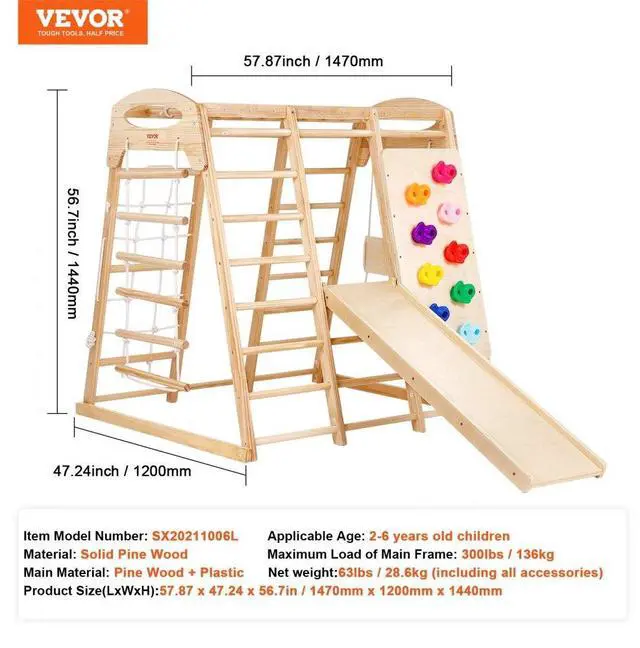 Alt view image 7 of 7 - VEVOR  Indoor Jungle Gym, 7-in-1 Toddler Indoor Playground, Wooden Toddler Climbing Toys Indoor with Wood & Rope Ladder, Net Ladder, Swing, Monkey Bar, Slide, Climbing Wall, 47.2 x 58 x 56in