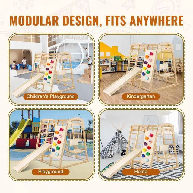 Alt view image 6 of 7 - VEVOR  Indoor Jungle Gym, 7-in-1 Toddler Indoor Playground, Wooden Toddler Climbing Toys Indoor with Wood & Rope Ladder, Net Ladder, Swing, Monkey Bar, Slide, Climbing Wall, 47.2 x 58 x 56in