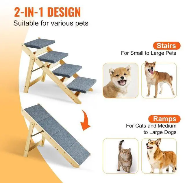 Alt view image 3 of 7 - VEVOR Wood Pet Stairs/Pet Steps, 2-in-1 Foldable Wooden Dog Stair for Beds, Sofa and Cars, Dog Stairs & Ramp with 4 Steps for Small Medium Large Pet, up to 150 lbs