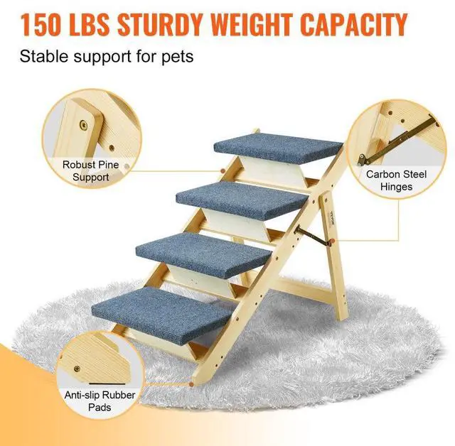 Alt view image 4 of 7 - VEVOR Wood Pet Stairs/Pet Steps, 2-in-1 Foldable Wooden Dog Stair for Beds, Sofa and Cars, Dog Stairs & Ramp with 4 Steps for Small Medium Large Pet, up to 150 lbs
