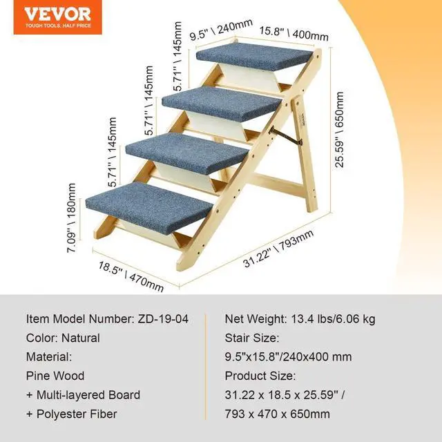 Alt view image 7 of 7 - VEVOR Wood Pet Stairs/Pet Steps, 2-in-1 Foldable Wooden Dog Stair for Beds, Sofa and Cars, Dog Stairs & Ramp with 4 Steps for Small Medium Large Pet, up to 150 lbs