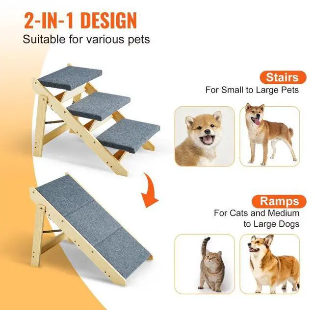Alt view image 3 of 7 - VEVOR Wood Pet Stairs/Pet Steps, 2-in-1 Foldable Wooden Dog Stair for Beds, Sofa and Cars, Dog Stairs & Ramp with 3 Steps for Small Medium Large Pet, up to 150 lbs