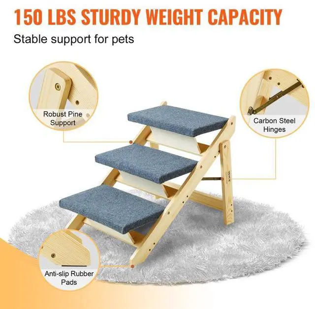 Alt view image 4 of 7 - VEVOR Wood Pet Stairs/Pet Steps, 2-in-1 Foldable Wooden Dog Stair for Beds, Sofa and Cars, Dog Stairs & Ramp with 3 Steps for Small Medium Large Pet, up to 150 lbs