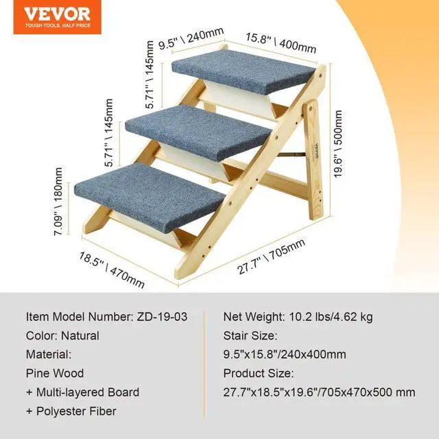 Alt view image 7 of 7 - VEVOR Wood Pet Stairs/Pet Steps, 2-in-1 Foldable Wooden Dog Stair for Beds, Sofa and Cars, Dog Stairs & Ramp with 3 Steps for Small Medium Large Pet, up to 150 lbs