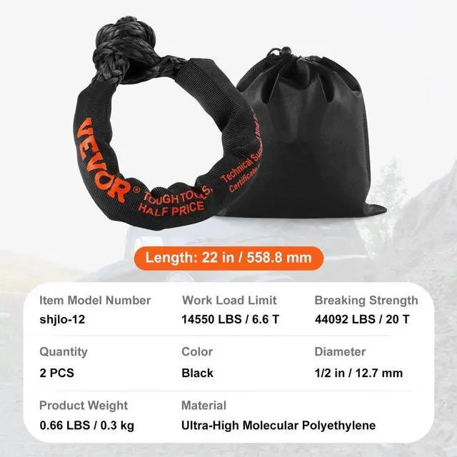 Alt view image 7 of 7 - VEVOR Soft Shackle Synthetic Recovery Rope 2PCS 1/2"x22" 44092lbs Break Strength