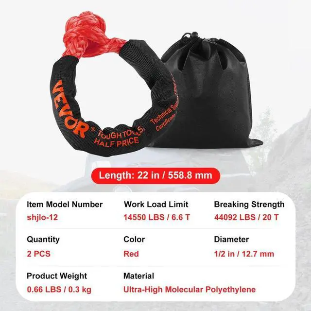 Alt view image 7 of 7 - VEVOR Soft Shackle Synthetic Recovery Rope 2PCS 1/2"x22" 44092lbs Break Strength
