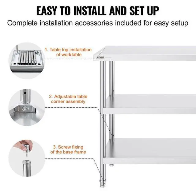 Alt view image 6 of 14 - VEVOR Stainless Steel Food Prep Table, 18 x 48 x 34 Inch Commercial Kitchen Worktable, with 2 Adjustable Undershelf, Heavy Duty Prep Table Metal Work Table for BBQ, Kitchen, Home, and Garage